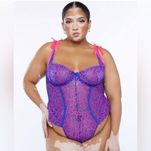 NWT Savage X Fenty Ribbon Writing Lace Teddy in Dreamy Blue Pink Highlighter 2X